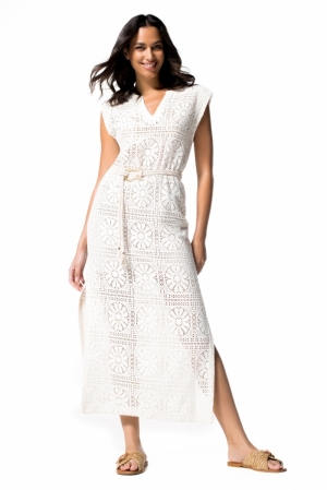 comfortabele midi jurk in kant 93 Chalk